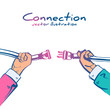 © hvostik16 - Business connection concept. Partnership. Vector illustration sketch design. Businessmen connecting hold plug and outlet in hand, isolated on background. Cooperation interaction.