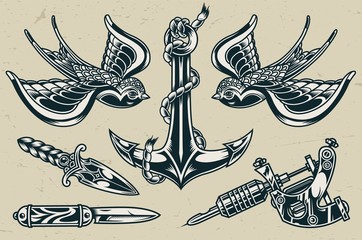 Sticker - Vintage tattoo designs monochrome set