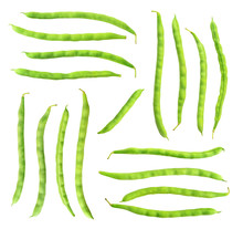 Isolated Bean Pods. Collection Of Raw Green Beans (haricots) Isolated On White Background With Clipping Path
