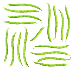 Leinwandbilder - Isolated bean pods. Collection of raw green beans (haricots) isolated on white background with clipping path