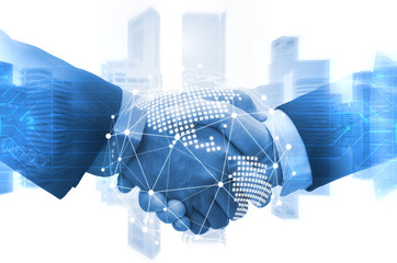 Wall Mural - Deal. business man shaking hands with effect world map global and network link connection graphic diagram blue color tone, digital technology, internet communication, teamwork, partnership concept