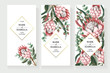Wedding invitation with leaves, protea flowers, succulent and golden elements in watercolor style.