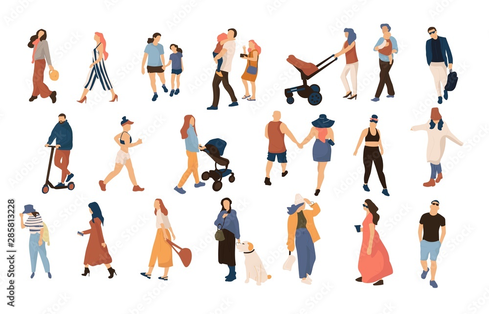 Trendy people crowd. Modern cartoon persons and couples walking in crowd, summer outdoor collection. Vector illustration many character city flat men and women walk - obrazy, fototapety, plakaty 