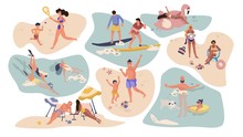 People Beach Activities. Cartoon Characters On Summer Vacation, Surfing Swimming Sunbathing Outdoor Scenes. Vector Isolated Flat Illustration Activity Male, Female With Kids On Water Recreation