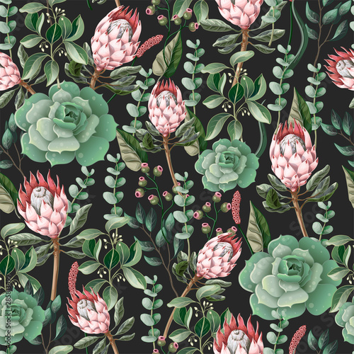 Fotomural Seamless pattern with leaves, protea flowers, succulent and eucalyptus