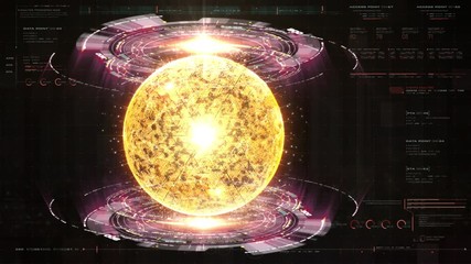 Fototapete - Futuristic graphic user interface head up display screen with digital holographic Nuclear Fusion energy simulator 3D illustration for digital background