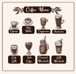 Wall Mural - Coffee menu with different drinks. Vector.