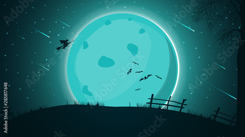 Halloween Background Night Landscape With Big Full Moon Starry Sky With Beautiful Starfall And Witch Silhouette Flying Over The Hill Buy This Stock Vector And Explore Similar Vectors At Adobe Stock