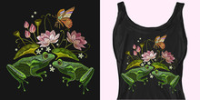 Embroidery Frogs, Butterfly And Lotus Flowers. Trendy Apparel Design. Template For Fashionable Clothes, Textile