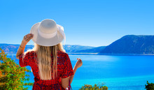 The Girl With White Hat Looking Lake Salda From Hill, Burdur, Turkey