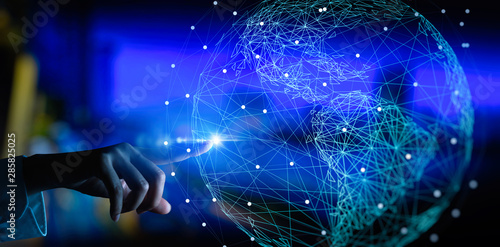 Fotomural Hand touching Telecommunication network and wireless mobile internet technology with 5G LTE data connection of global business, fintech, blockchain