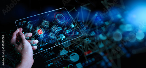 Fotografía Hand touching Telecommunication network and wireless mobile internet technology with 5G LTE data connection of global business, fintech, blockchain