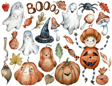 Halloween Set Of Watercolor Elements With Pumpkins, Spider, Ghosts, Sweets, Mushrooms And Autumn Leaves Done In Cartoon Style With Orange, Dark Brown, Green And Yellow Color Scheme.