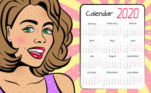 A Calendar For 2020 In The Style Of Pop Art With A Sexy  Woman With Squinted Eyes And Open Mouth. Background In Comic Style Retro Pop Art.