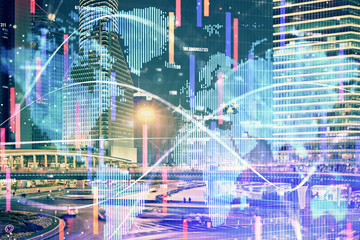 Aufkleber - Double exposure of business theme hologram drawing and city veiw background. Concept of success.