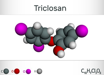 Wall Mural - Triclosan molecule. It is a polychloro phenoxy phenol with antibacterial, antimicrobial, antifungal activity.  Structural chemical formula and molecule model