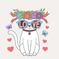 Wall Mural - Cute cat with floral wreath, sunglasses, ribbon. Love slogan. Cartoon vector illustration design for t-shirt graphics, fashion prints