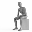 A gray mannequin sits on a white box. rendering on a white background