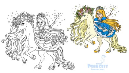 Canvas Print - Princess with a magic wand sitting on a magic unicorn color and outlined picture for coloring book on white background