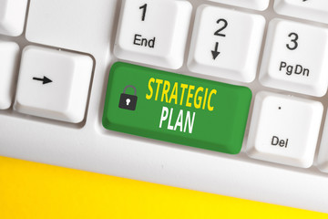 Text sign showing Strategic Plan. Business photo text a systematic process of envisioning a desired future White pc keyboard with empty note paper above white background key copy space