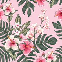 Seamless Floral Pattern Pink Hibiscus,Frangipani And Orchid Flowers On Pastel Color Isolated Background.Vector Illustration Watercolor Hand Drawning.