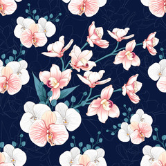 Seamless pattern botanical pink Orchid flowers on abstract dark blue background.Vector illustration drawing watercolor style.For used wallpaper design,textile fabric or wrapping paper.