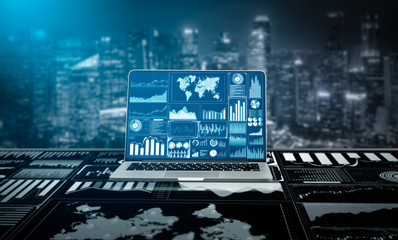 Big Data Technology for Business Finance Analytic Concept. Modern graphic interface shows massive information of business sale report, profit chart and stock market trends analysis on screen monitor.
