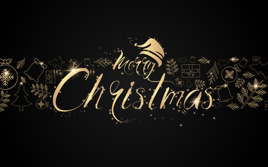 Poster - Christmas postcard with Calligraphy. Xmas objects with Sparkling lights garland. Luxury gold element background