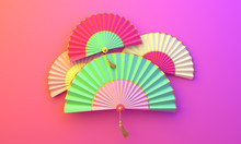Colorful Chinese Paper Fan Umbrella On Purple Pink Gradient Background. Design Creative Concept Of Chinese Festival Celebration Gong Xi Fa Cai. 3D Rendering Illustration.