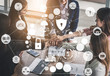 © InfiniteFlow - Cyber Security and Digital Data Protection Concept. Icon graphic interface showing secure firewall technology for online data access defense against hacker, virus and insecure information for privacy.