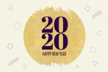 Happy new year 2020 word on gold circle glitter on cream modern geometric shape patternbackground,minimal Holiday greeting card..