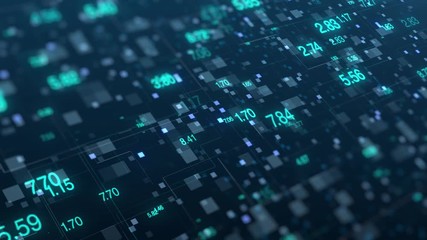 Digital abstract computer network in cyberspace with glowing data numbers on blue background with squares. Animation video modern global social futuristic information server business and program.