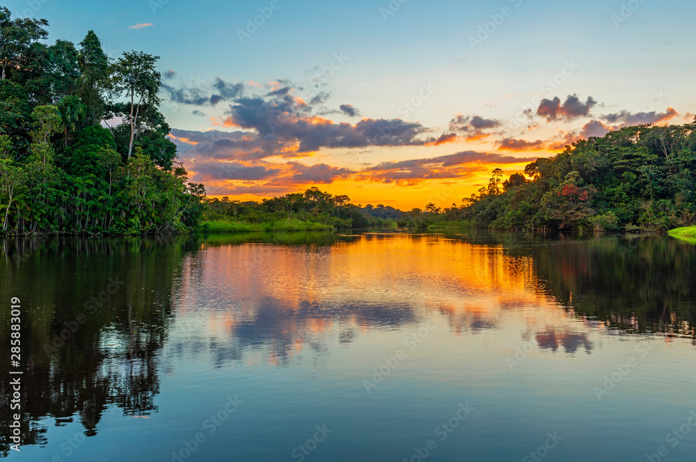 Reflection of a sunset by a lagoon inside the Amazon Rainforest Basin. The Amazon river basin comprises the countries of Brazil, Bolivia, Colombia, Ecuador, Guyana, Suriname, Peru and Venezuela.  - obrazy, fototapety, plakaty 