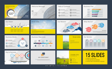 Presentation slide template for your company with infographic elements, design cover all styles and creative used to provide your audience with a quick overview of your business plan idea to investor.