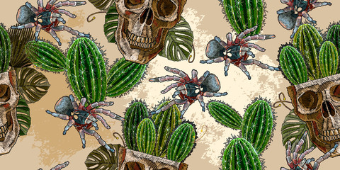 Human skull, cactus and spider tarantula horizontal seamless pattern. Embroidery mexican style. Ancient treasures in the jungle art. Gothic halloween template for clothes, textiles, t-shirt design