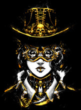 The Woman Drawn In The Style Of Steampunk Unusual Sunglasses With Huge Lenses On The Face, With Gold Accents In Clothes. 2D Illustration