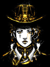 Beautiful Girl Painted In Steampunk Style , With Gold Elements In Clothes. 2D Illustration