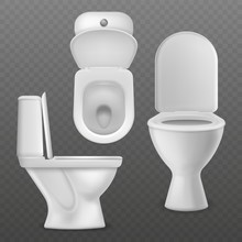 Realistic Toilet Bowl. White Toilet Basin, Clean Lavatory Bathroom Ceramic Bowls Group Top, Side And Front View. Toilet Vector Mockups