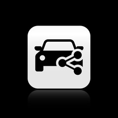 Black Car sharing icon isolated on black background. Carsharing sign. Transport renting service concept. Silver square button. Vector Illustration