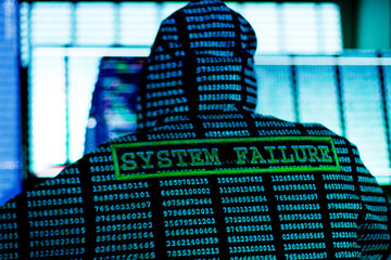 Wall Mural - back view of man in hood is hacking password. programmer is writing code on multiple screens to stea