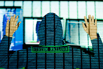 Wall Mural - back view of man in hood is hacking password. programmer is writing code on multiple screens to stea