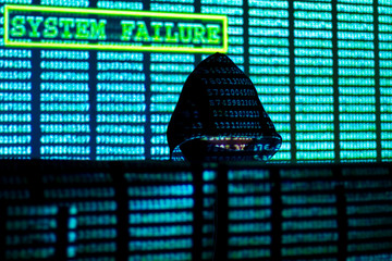 Wall Mural - man in hood and mask is hacking password. programmer is writing code on multiple screens to steal pr