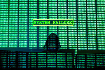 Wall Mural - man in hood and mask is hacking password. programmer is writing code on multiple screens to steal pr