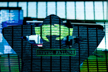 Wall Mural - back view of man in hood is hacking password. programmer is writing code on multiple screens to stea