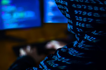 Wall Mural - man in black hood is hacking password. programmer is writing malware on multiple screens to steal pr
