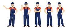 Man In Blue Overalls Set With Different Gestures Isolated Vector Illustration