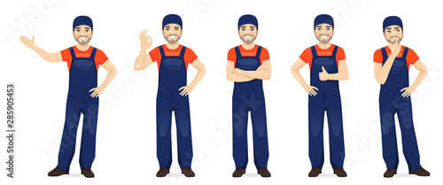 Fotografía Man in blue overalls set with different gestures isolated vector illustration
