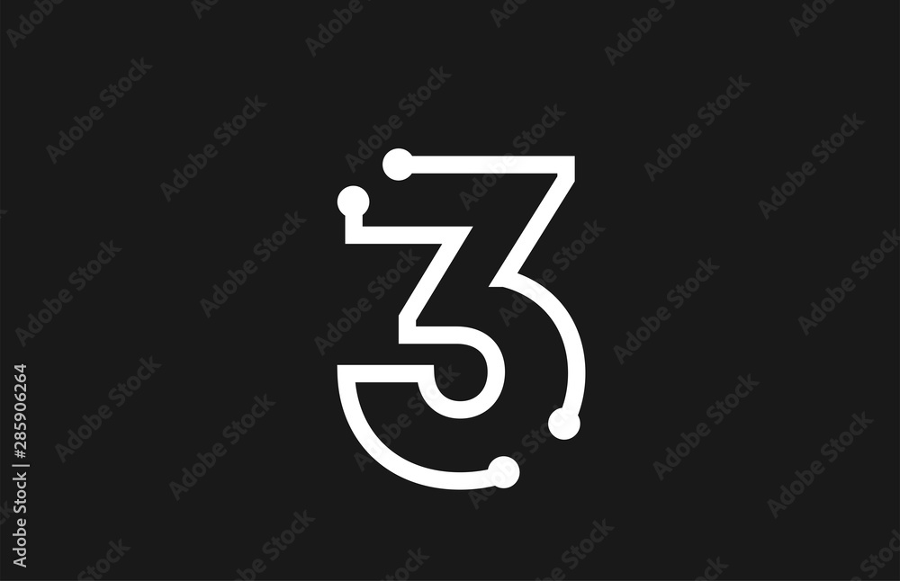 3 number black and white logo design with line and dots - obrazy, fototapety, plakaty 