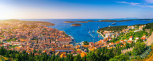 Panorama View At Amazing Archipelago In Front Of Town Hvar, Croatia. Harbor Of Old Adriatic Island Town Hvar. Amazing Hvar City On Hvar Island, Croatia. High Resolution Photo Of Hvar Town, Croatia.