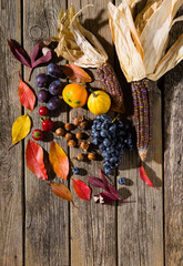 Wall Mural - autumn fruits and vegetables on weathered wooden table background